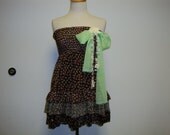 Brown Tube Top Bare Strapless Shirt Ruffle Green Lace Bow S M Womens Clothing Country Cottage French Boho upcycled Patchwork Embellished