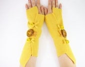 Fingerless mittens arm warmers fingerless gloves arm cuffs in eggnog banana yellow eco friendly recycled wool - piabarile