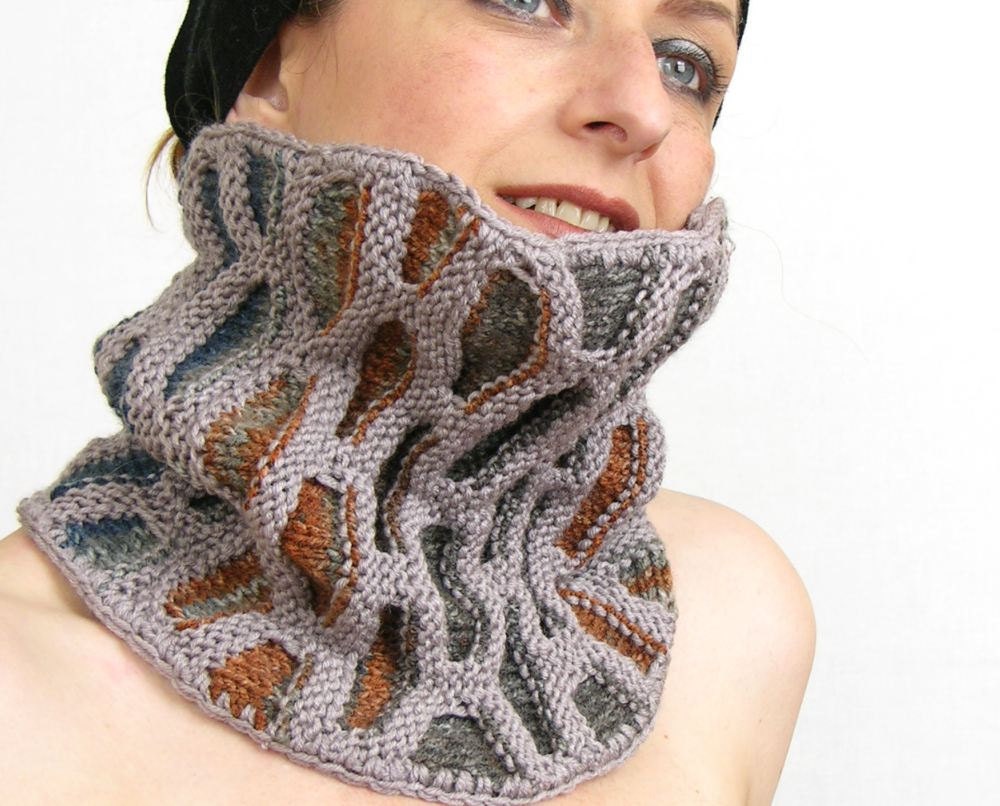neck warmer turtle neck tube scarf knit honeycomb motif orchid brown blue fall autumn therougett curationnation