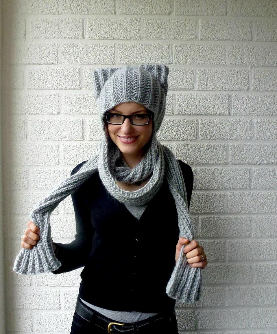 Hooded Scarf, Cat Ear Scoodie, Hood Scarf, Kitty Hoodie Scarf - Light Gray