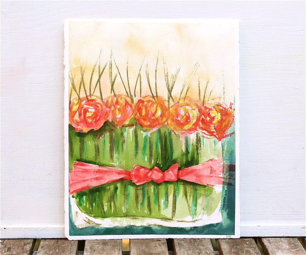watercolor painting still life, roses in vase,  original painting, red green orange yellow