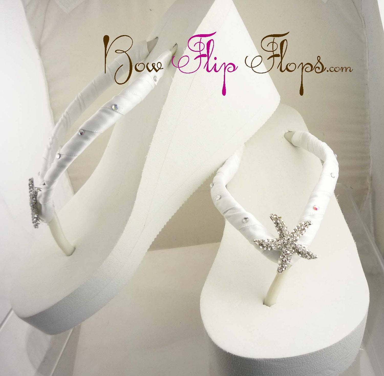 Wedge Bridal Flip Flops Starfish Ivory or White Rhinestone Satin Beach ...