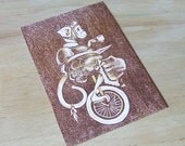 Victorian Tea Drinking Monkeys on Unicycles - Feminine - Two layer reduction woodblock print, brown and orange on cream
