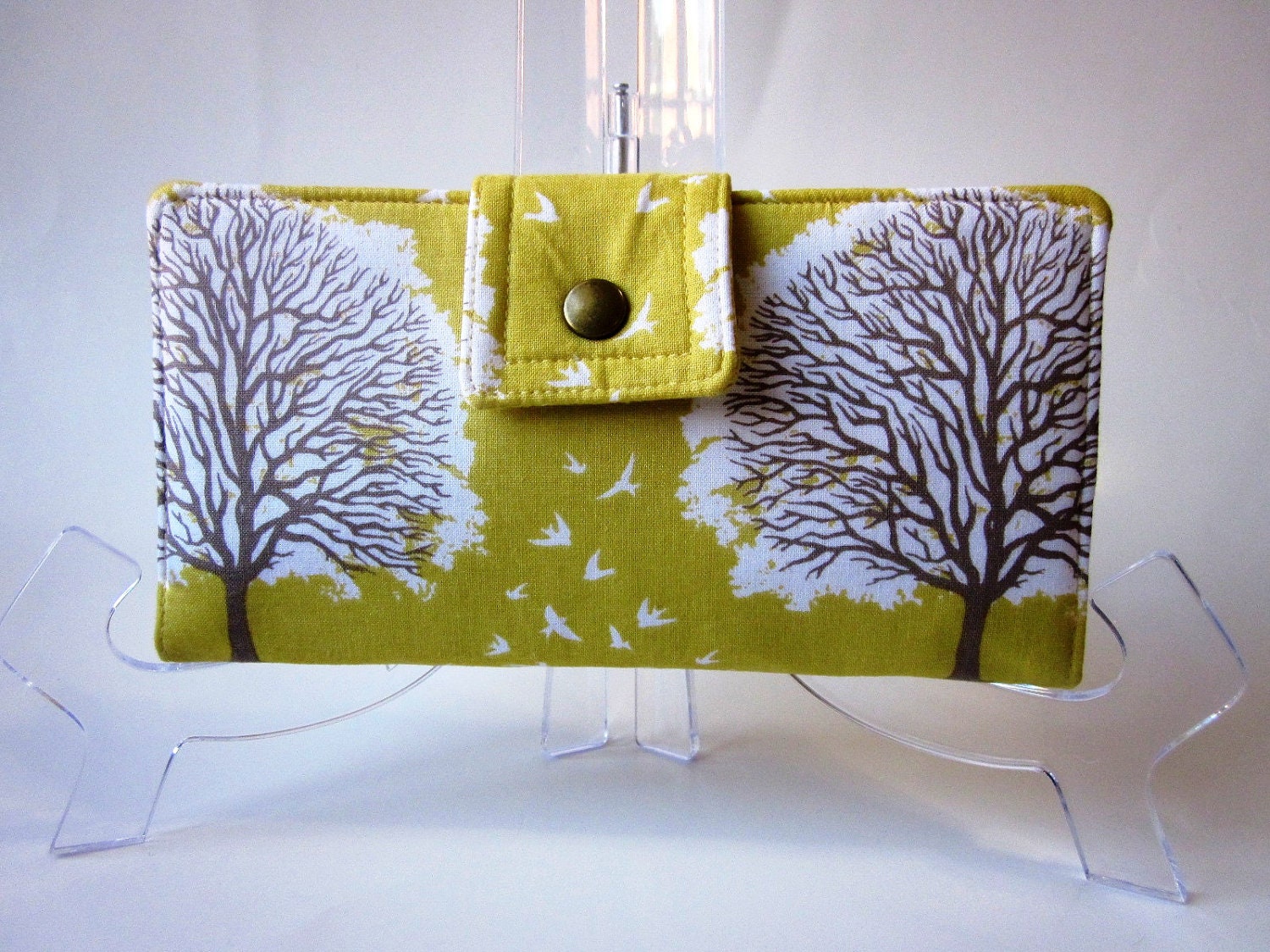 Handmade women yellow wallet brown white tree and birds
