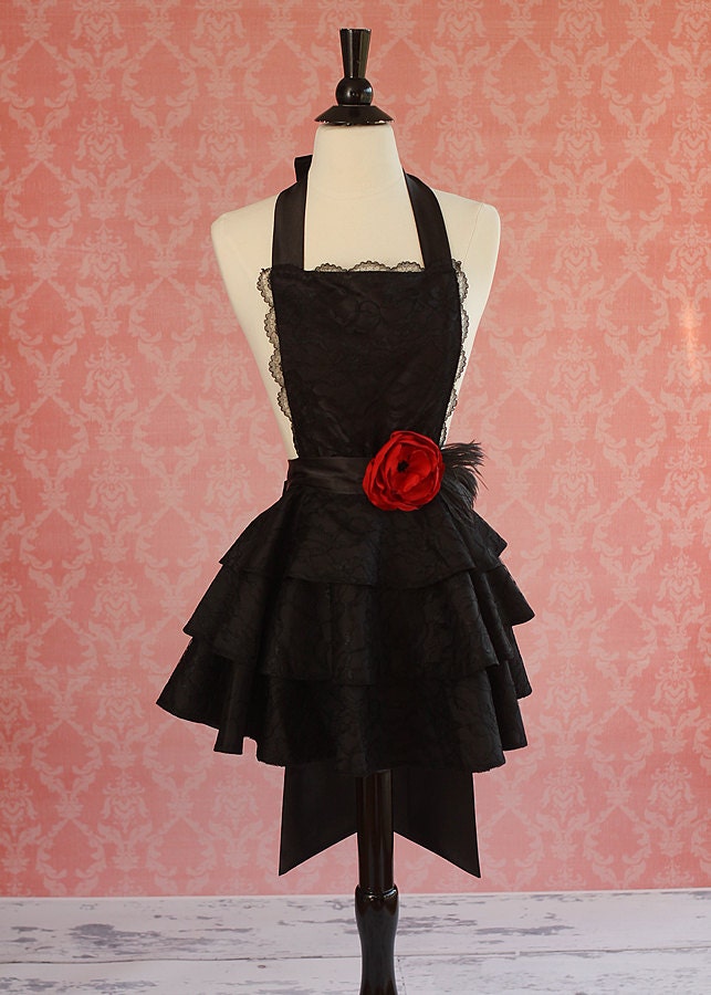 Sexy Vintage Inspired Fashion Apron - Black Satin and Lace