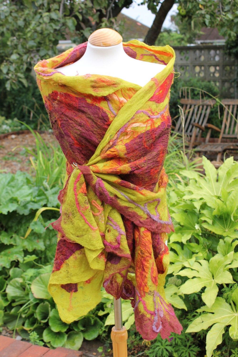 SALE SALE SALE - Nuno felted wool shawl scarf wrap - green red orange lagenlook - Art To Wear ooakOOAK
