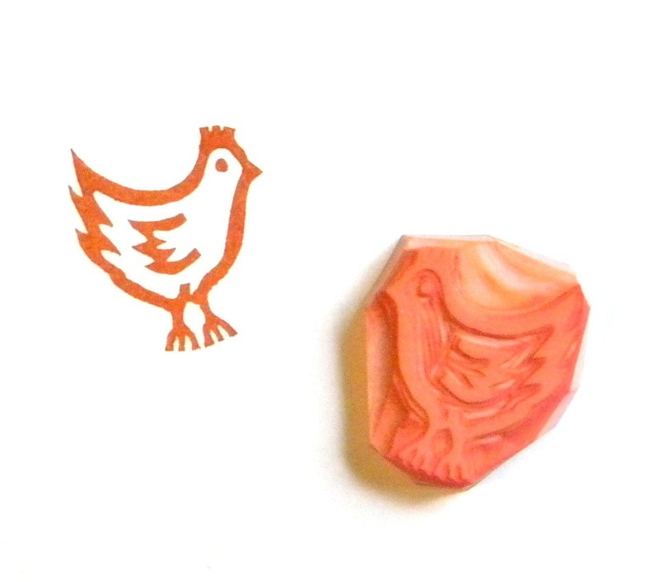 Little chicken rubber stamp hand carved handmade small one inch