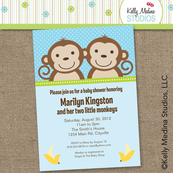 Custom My Little Monkey Twin Boys - Baby Shower - Blue and Green - 5 x 7 Personalized Printable Digital Invitation - Personal Use Only