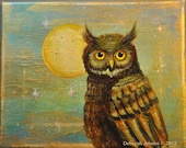 Original Primitive Folk Art Autumn Owl Painting by Deb Adams