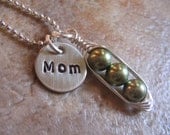 personalized pea pod necklace with 1, 2, 3, 4, or 5 peas in your pod