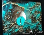 Love Birds Original Painting 16 x 20 Acrylic on Canvas Surreal Art Amber Elizabeth Lamoreaux Moon Branches Blue Green Brown