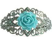 Turquoise Flower Bracelet Rose Cuff Bracelet Victorian Filigree Floral Bangle Verdigris Patina Antique Silver Vintage Style Jewelry