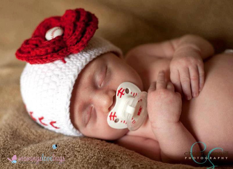Play Ball Crochet Baseball Girl Beanie with removable Baseball Flower Hair Clip - Newborn through 4T Sizes Available