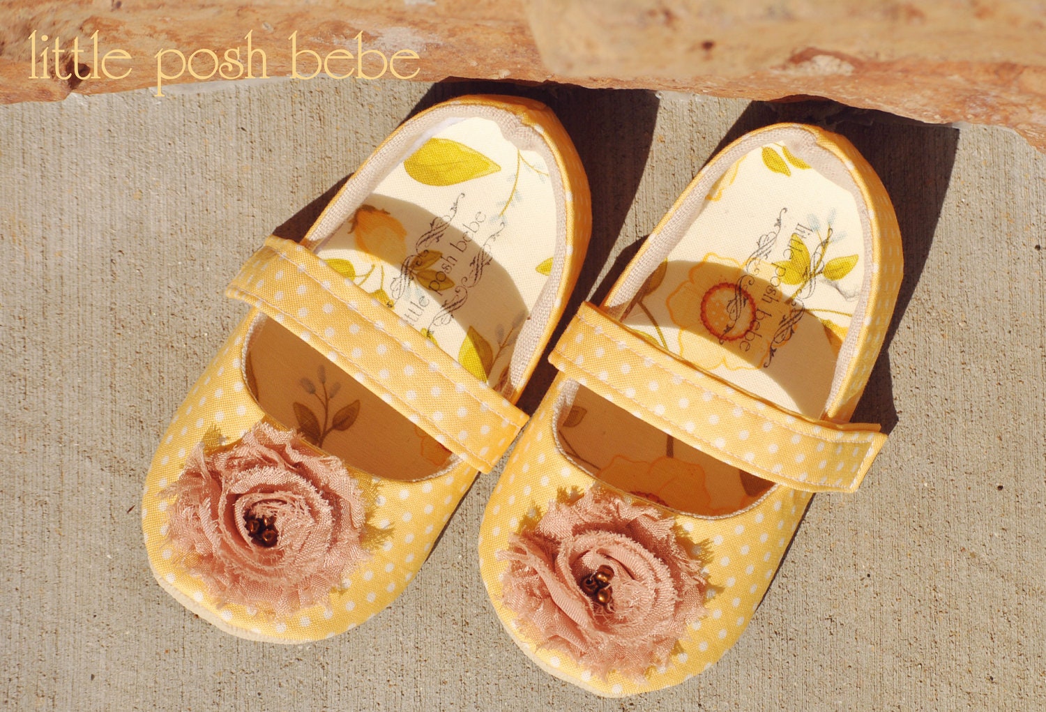 Toddler Shoes Emily Yellow polka dot Mary Jane with Tan Chiffon Rose (Size 5-13)