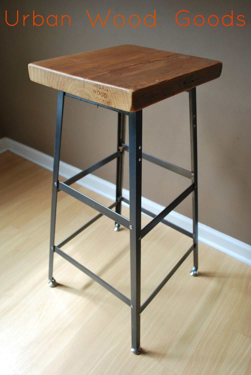 Pair of 30" Bar Height Reclaimed Wood and steel industrial shop Stool. made in chicago