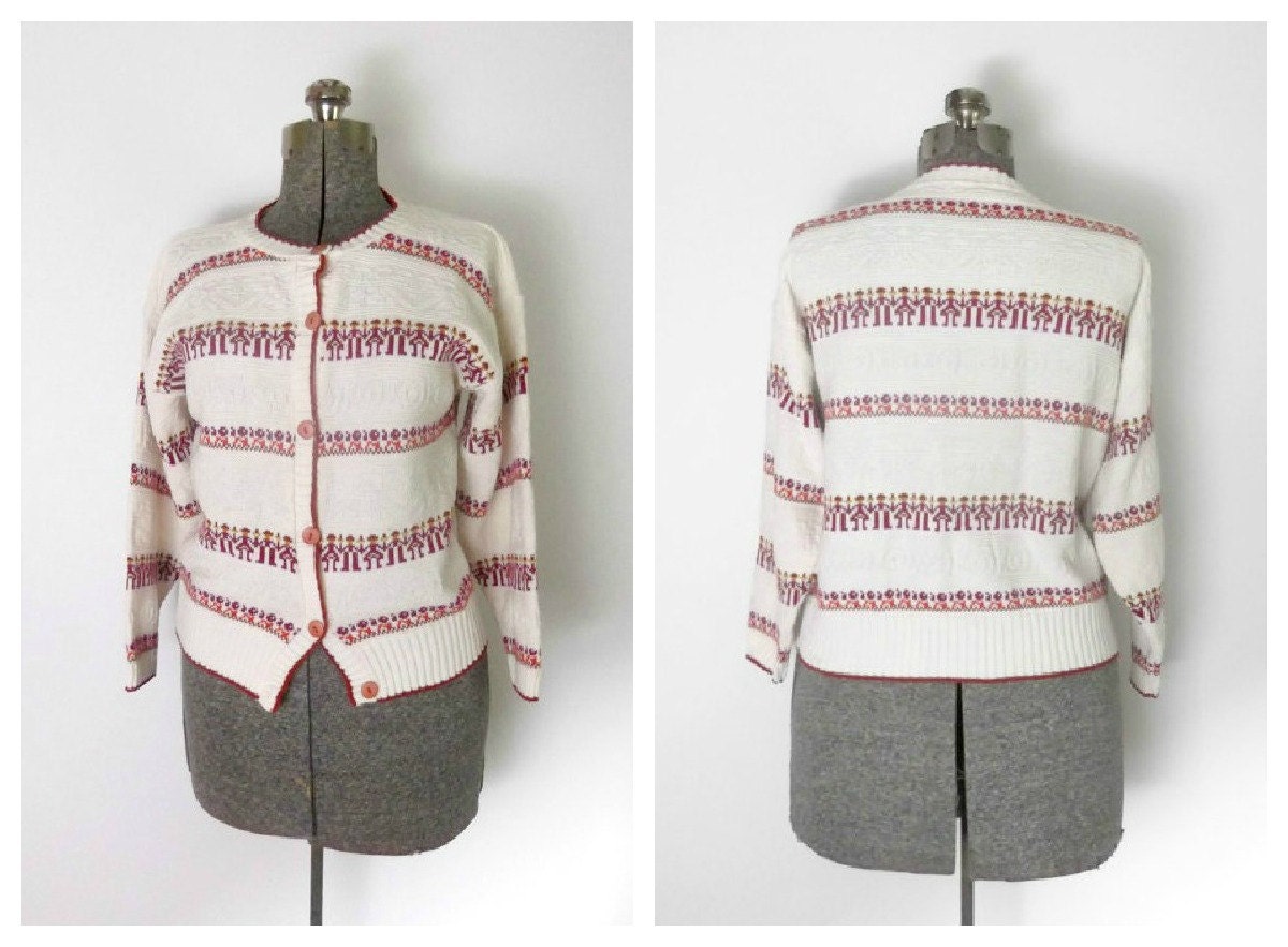 1970s Print Cardigan Whimsy People Design Short Button Front Sweater Oversized Boxy