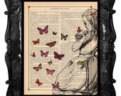 Alice ART PRINT -  Alice in Wonderland Dancing Butterflies Alice ART print on vintage dictionary antique book page art print