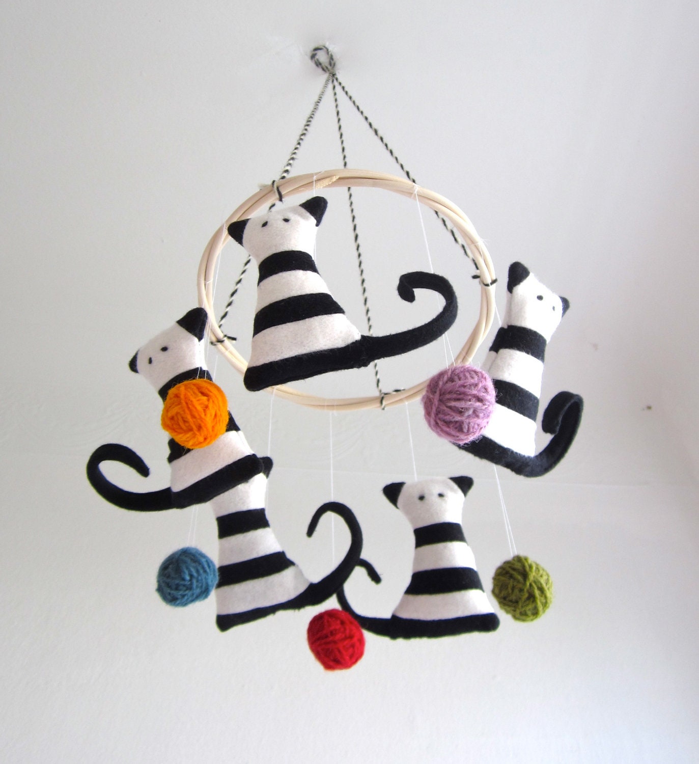 Crib mobile, cats, baby, kittens, black, white, colorful, nursery decor, shower gift, new baby, organic, eco friendly, cosy, stripes