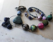 SALE - Beaded Necklace -- Rustic Assemblage - Amethyst, Bone, Resin, Painted Wood, Ceramic - Green and Lilac - Rustic Stone Pendant Necklace