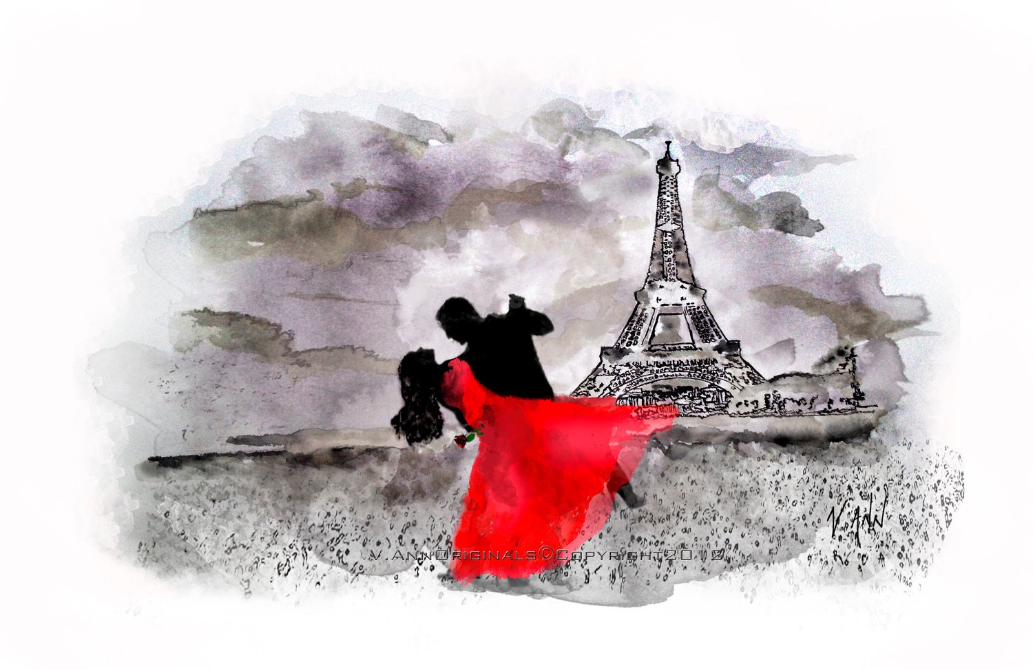 Eiffel Tower Paris Woman Man Dancing Painting Limited Edition Fine Art Print  by V.Ann 13 x 19 Red Dress Rose - vannoriginals