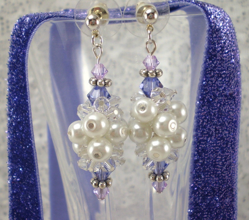 Cluster Earrings Tanzanite Purple Lavender Lilac Violet Crystals White Pearls Dangle