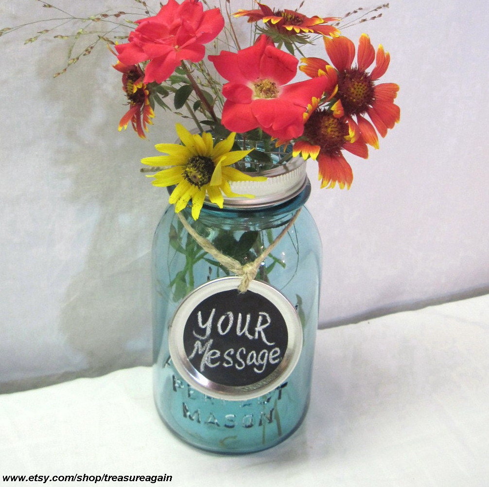 Chalk Charm Flower Vase 1 Handmade Flower Frog Mason Jar Lid, Chalk Board Tag, and Upcycled Vintage Quart Mason Ball Jar