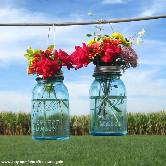 2 Hanging Mason Jars Vases with Flower Frog Lids, Wedding Mason Jars, Ball Hanging Lanterns, 2 Blue Antique Canning Flower Jars, Home Decor