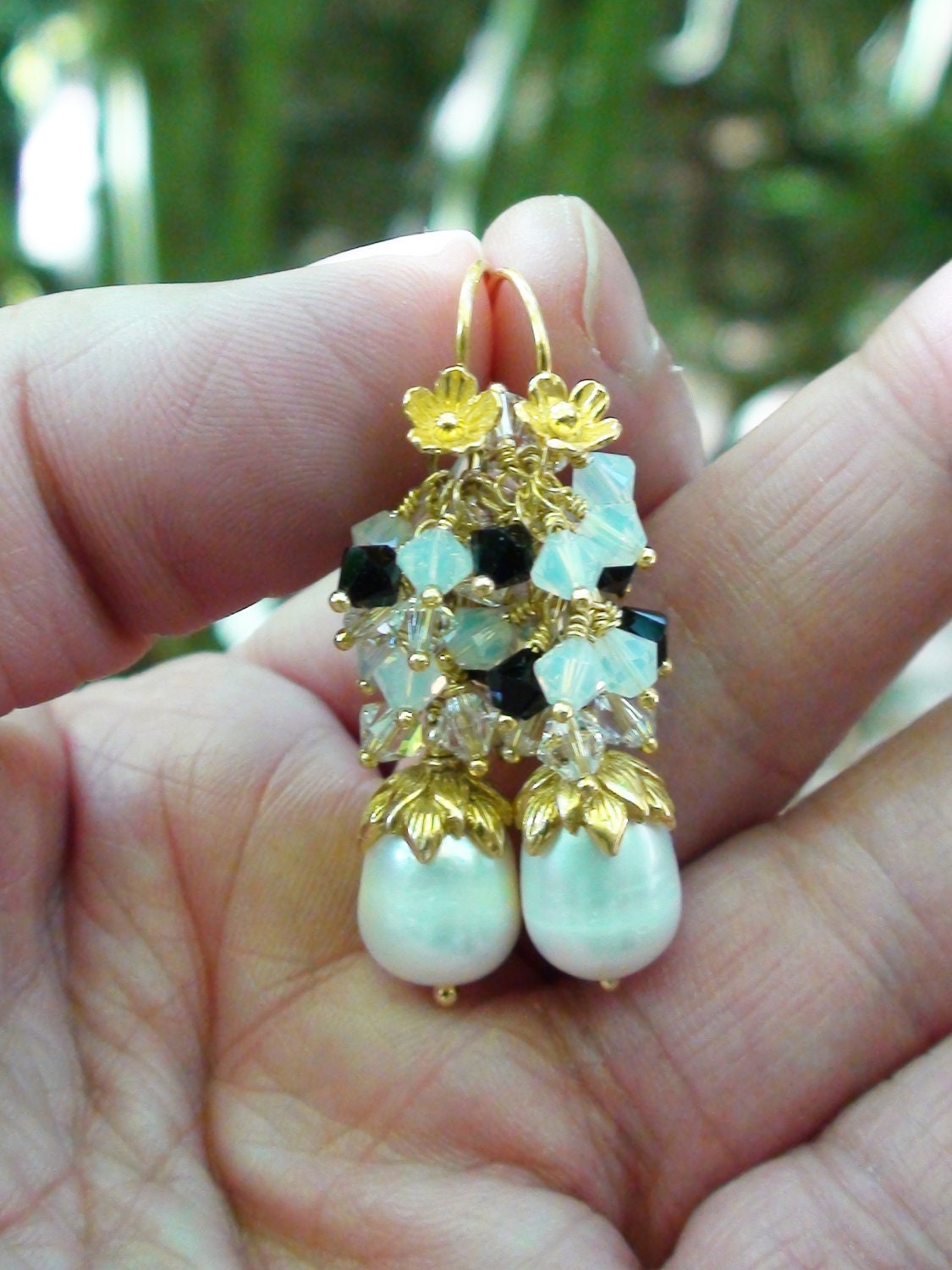 White Baroque Pearl Earrings with Swarovski Crystal Gem Cluster on Vermeil Floral Earwires