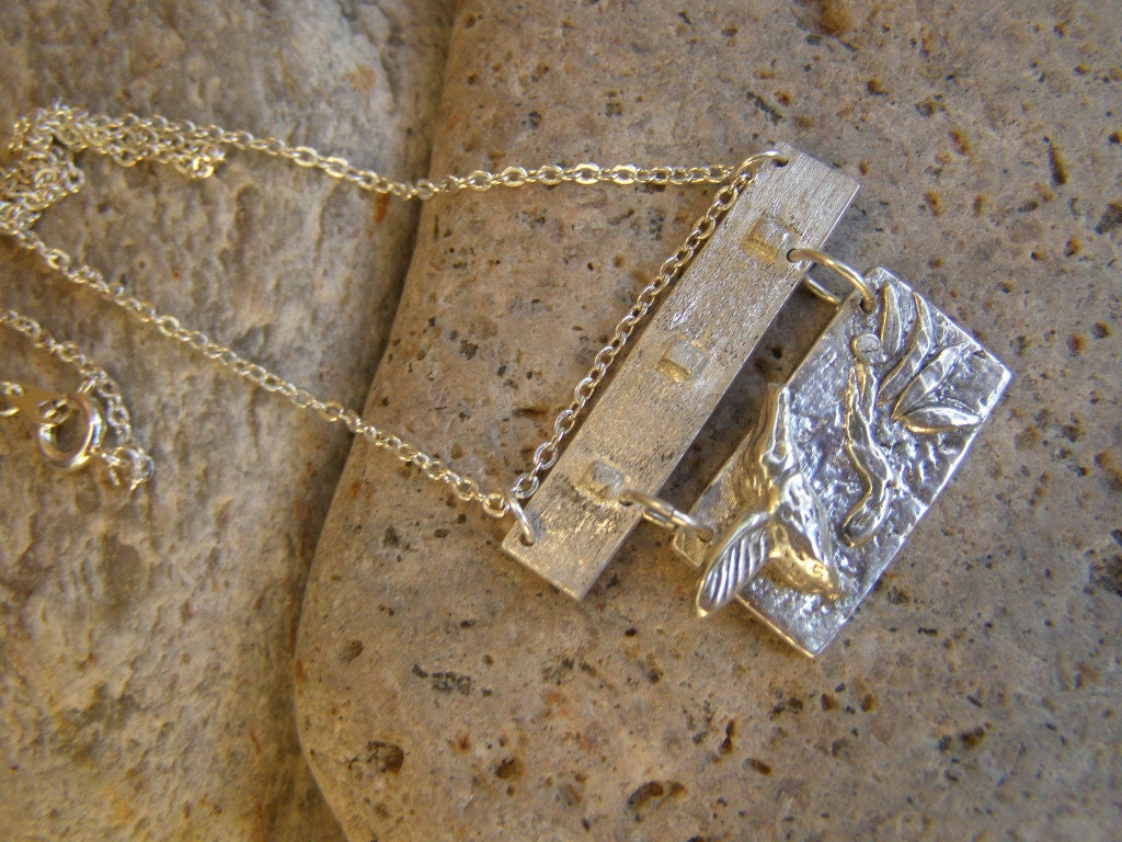 Japanese 'Bird On Bamboo Branch'  Hummingbird Zen Pure 999 PMC Silver Pendant Necklace