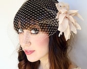 Beige Flower hair fascinator with birdcage veil