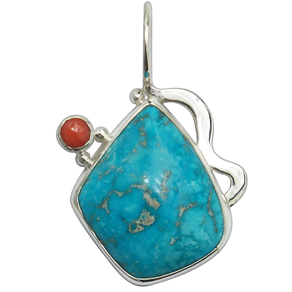 Kingman Turquoise, Red Coral and Sterling Silver Pendant  pturh2162