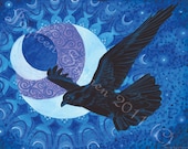 Totem - Raven, Animal Spirit Guide, Moon Phases, Native American, Large Giclee Print 13.5 x 10"