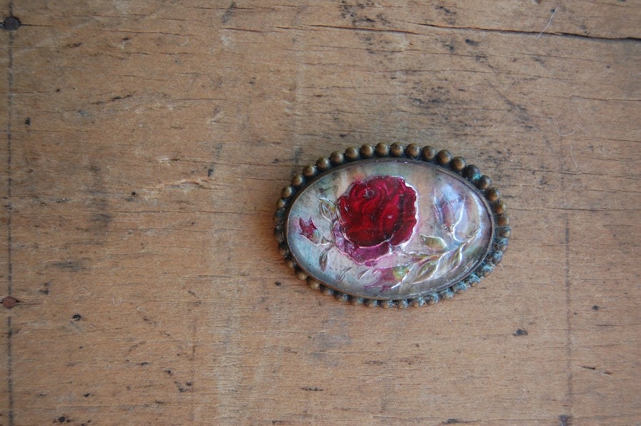 antique rose brooch / 1930s jewelry / goofus glass / MIDNIGHT ROSE