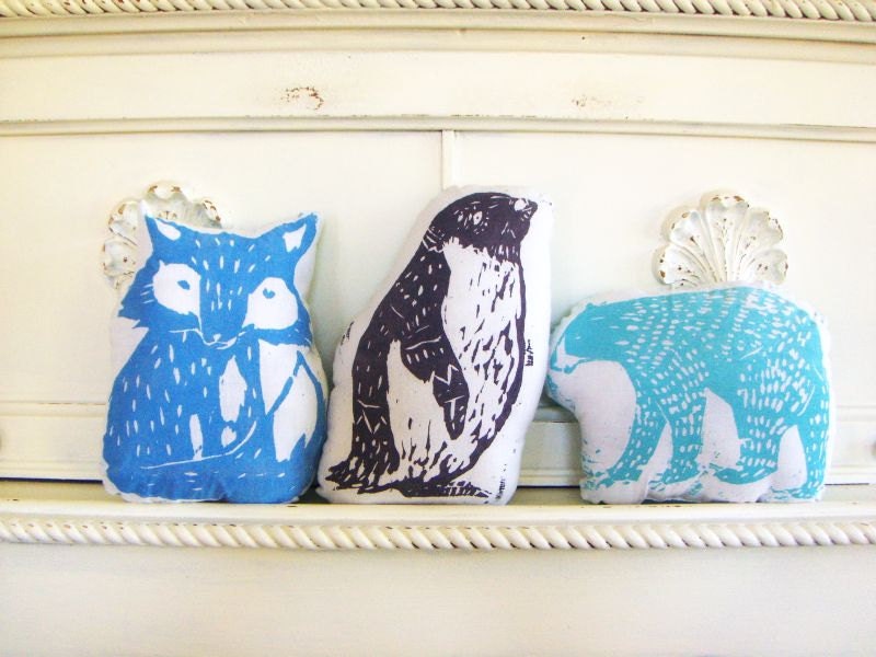 Arctic Animal Pillow Set. Hand Woodblock Printed. Save 20 Percent.