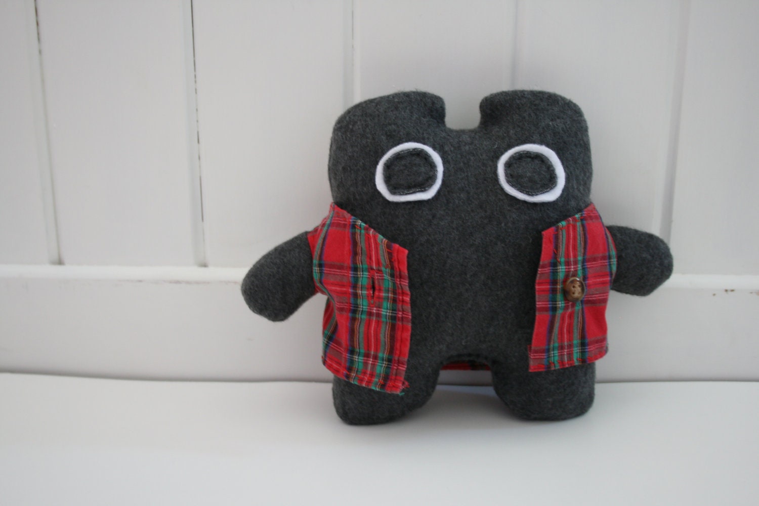 stuffed monster, grey plush monster, stuffed creature with plaid shirt, OOAK