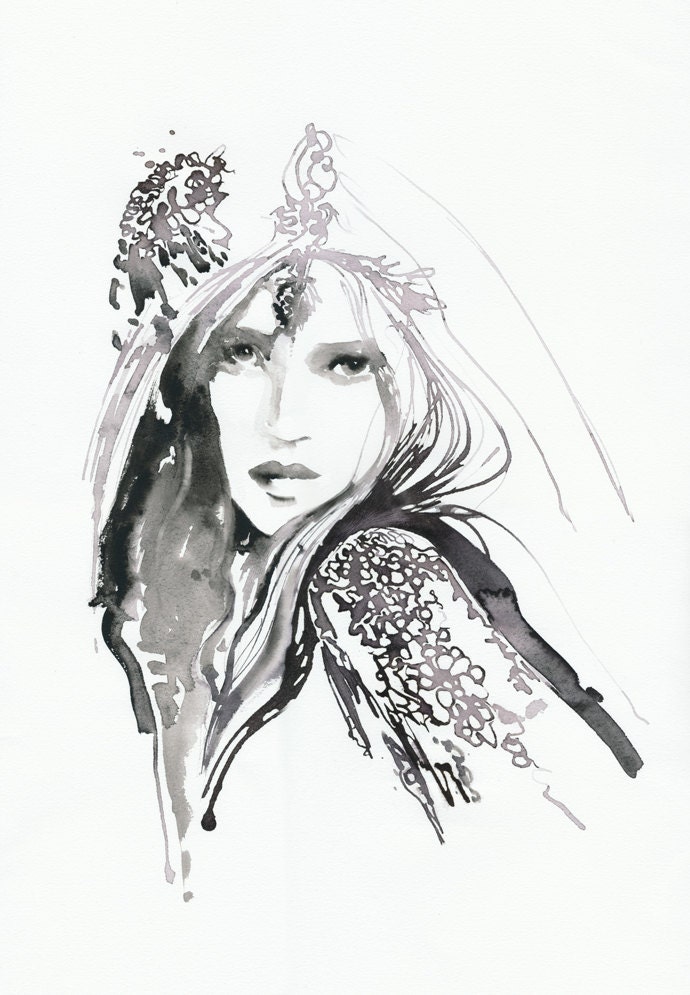 Print of Ink & Watercolor Fashion Illustration Sketch. A little Goth fashion