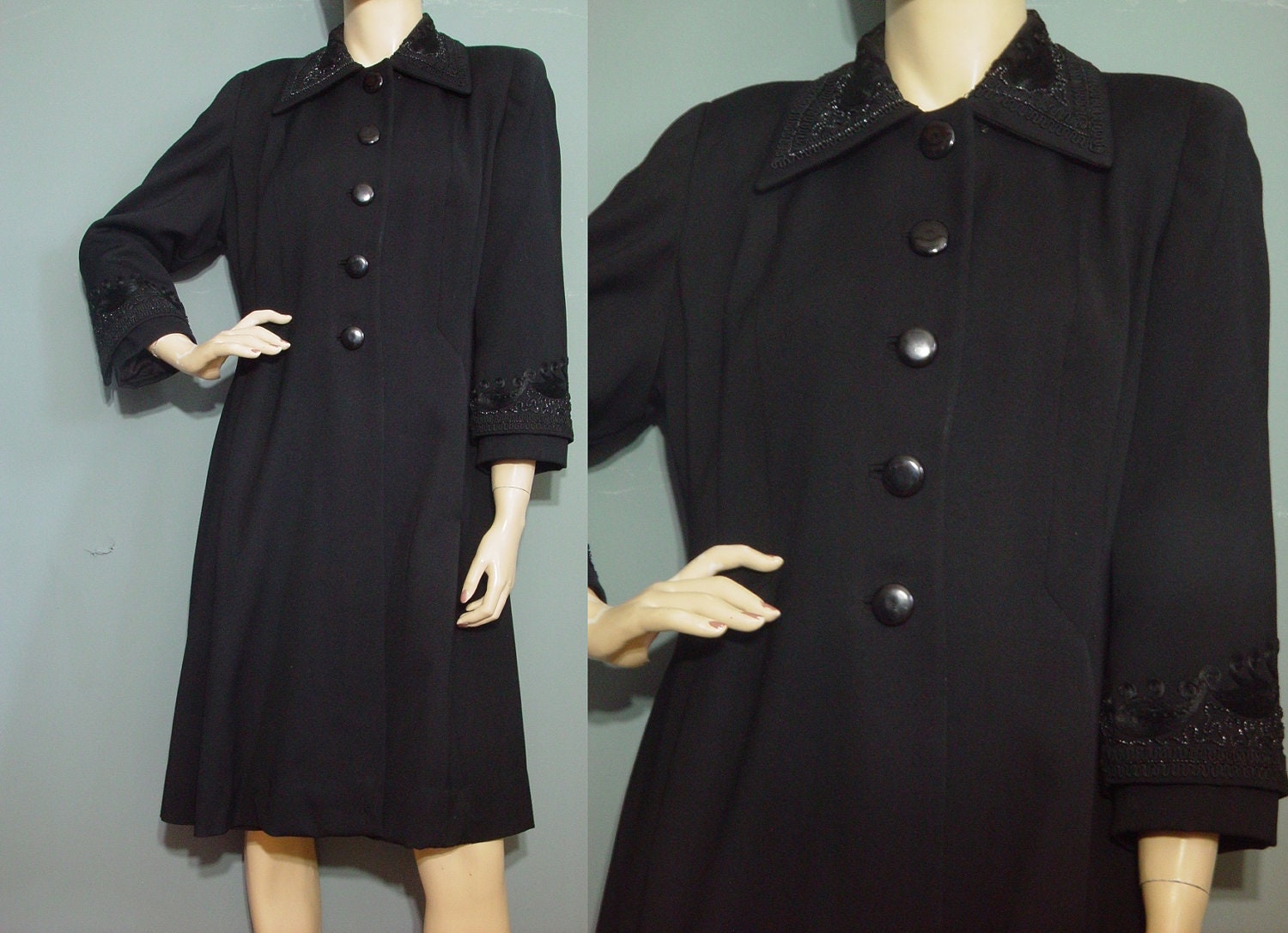 40s Black Coat Vintage 1940s Beaded Gabardine Soutache Dress Coat M