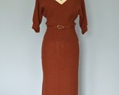 Vintage 1950s Sweater Dress...Gorgeous Cinnamon Wool Skirt and Sweater Set with Angora Chevron Trim Pinup Bombshell Small