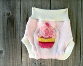Upcycled Wool /Cashmere Soaker Cover Diaper Cover With Added Doubler Pink/White With Cupcake Applique MEDIUM 6-12M Kidsgogreen