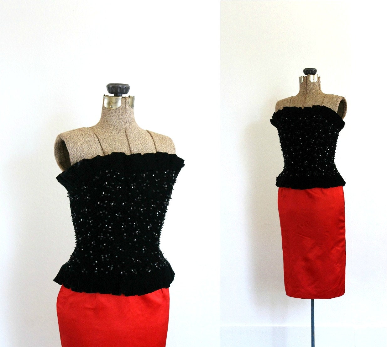 vintage 1960s wiggle dress 60s black and red velvet and satin rhinestone bustier strapless designer cocktail party dress