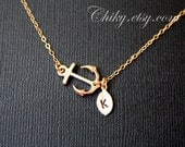 Gold anchor with initial leaf necklace - sailors, ocean, sea, navy, personal gift, initial necklace, birthday gifts, bridesmaids gifts