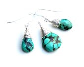turquoise earrings and pendant set. earthy teal turquoise sterling silver wire wrapped.  FREE SHIPPING. sterling wrapped.
