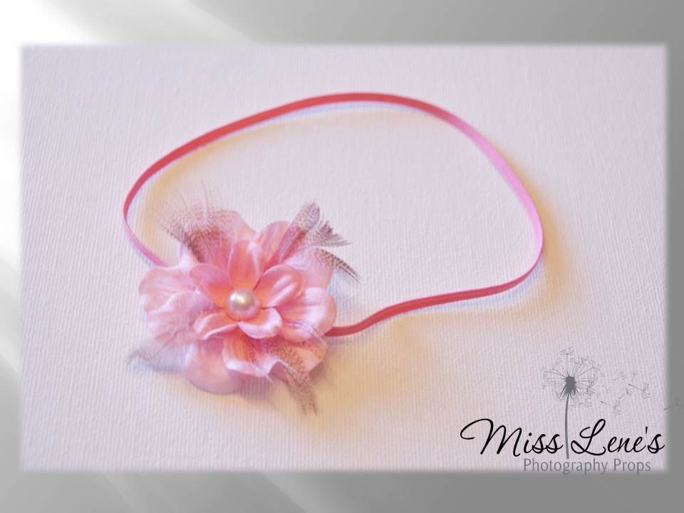 Newborn Baby Headband, Faux Ostrich Feather Headband, Baby Photo Prop, Pink Baby Girl Flower Headband