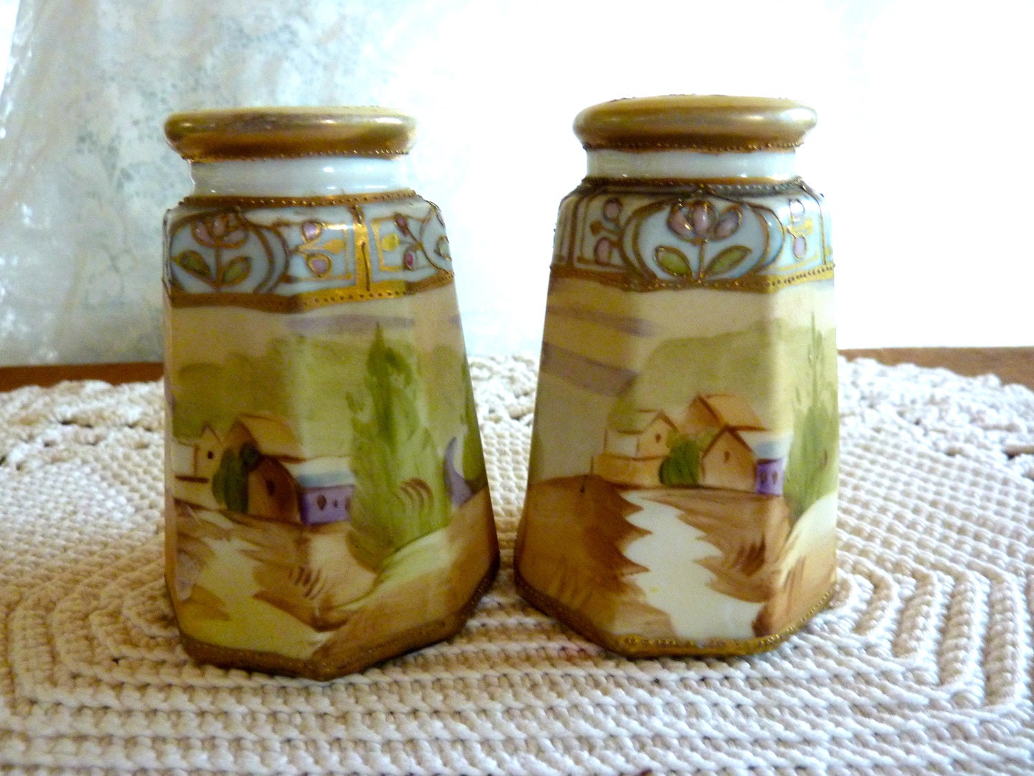 Nippon Salt Pepper Set Scenic w Gilt Details