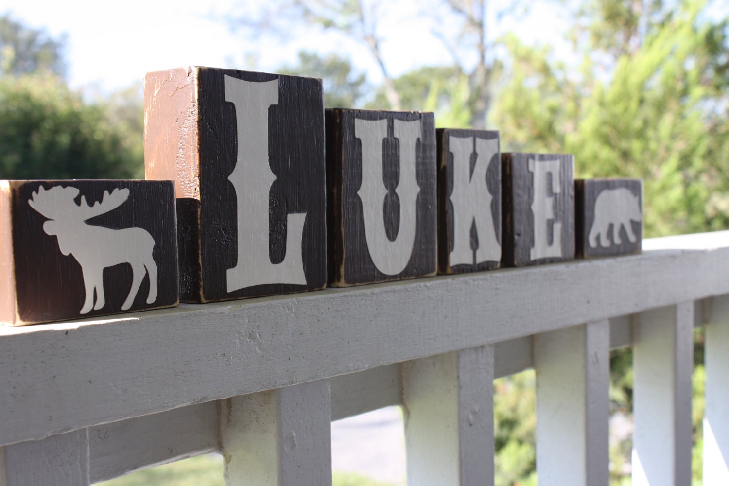 PERSONALIZED LETTER BLOCKS - Boy Name Moose Bear Camping Baby Shower Sign - Nursery Rustic Camp - Fishing Bedroom Elk