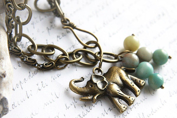 on Vacation / Antique Bronze Chain Bracelet -  Lucky Elephant Charm - Natural Amazonite Stone Beads - Unisex Boho Bracelet - TAGT