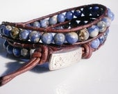 Beaded Leather Wrap Cuff Blue Gemstone Bracelet