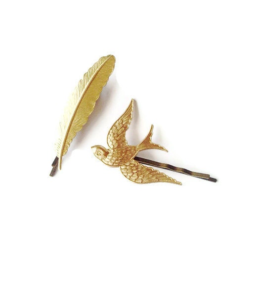 Bird Feather Bobby Pins - Gold Bridal Bobby Pins Gold Bridal Hair Pins Gold Bridal Hair Accessories Rustic Woodland Wedding Hair Accessories