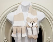 Stripey kitty scarf cowl neckwarmer- Beige and white