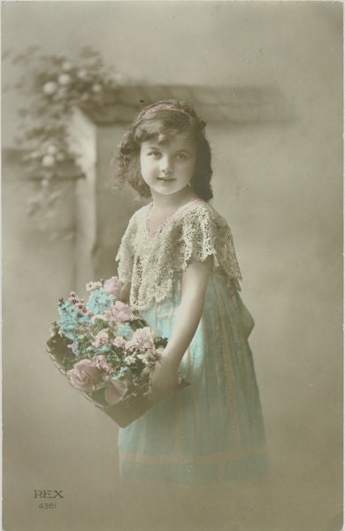 Vintage Hand Tinted Real Photo Postcard - Girl with Basket of Flowers
